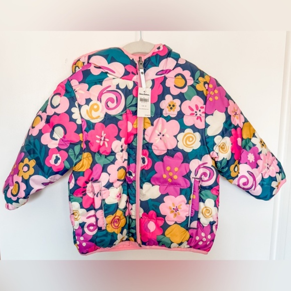 Hanna Andersson Reversible Down Jacket Coat Hood NWT Size 18-24 mo Floral Pink